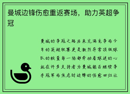 曼城边锋伤愈重返赛场，助力英超争冠
