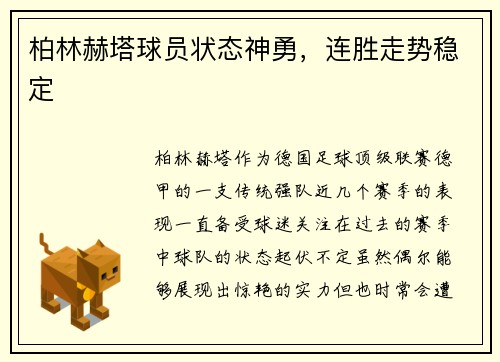 柏林赫塔球员状态神勇，连胜走势稳定
