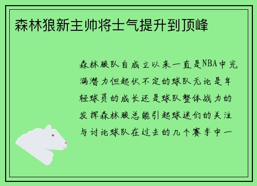 森林狼新主帅将士气提升到顶峰