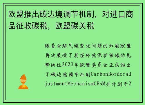 欧盟推出碳边境调节机制，对进口商品征收碳税，欧盟碳关税