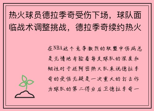 热火球员德拉季奇受伤下场，球队面临战术调整挑战，德拉季奇续约热火