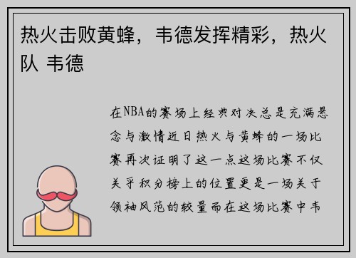 热火击败黄蜂，韦德发挥精彩，热火队 韦德