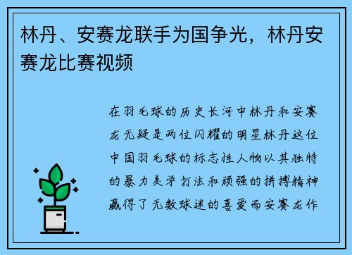 林丹、安赛龙联手为国争光，林丹安赛龙比赛视频