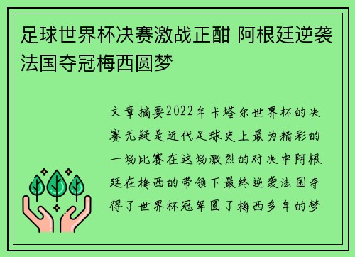 足球世界杯决赛激战正酣 阿根廷逆袭法国夺冠梅西圆梦