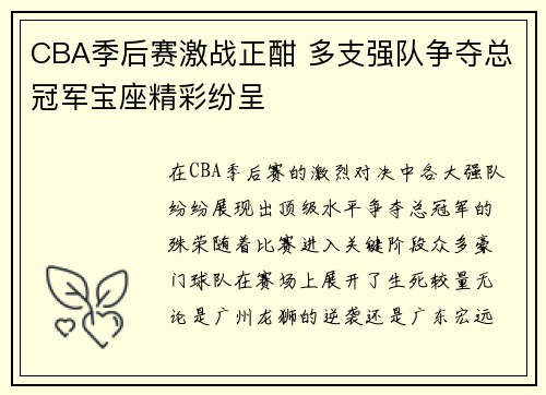 CBA季后赛激战正酣 多支强队争夺总冠军宝座精彩纷呈