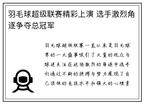 羽毛球超级联赛精彩上演 选手激烈角逐争夺总冠军